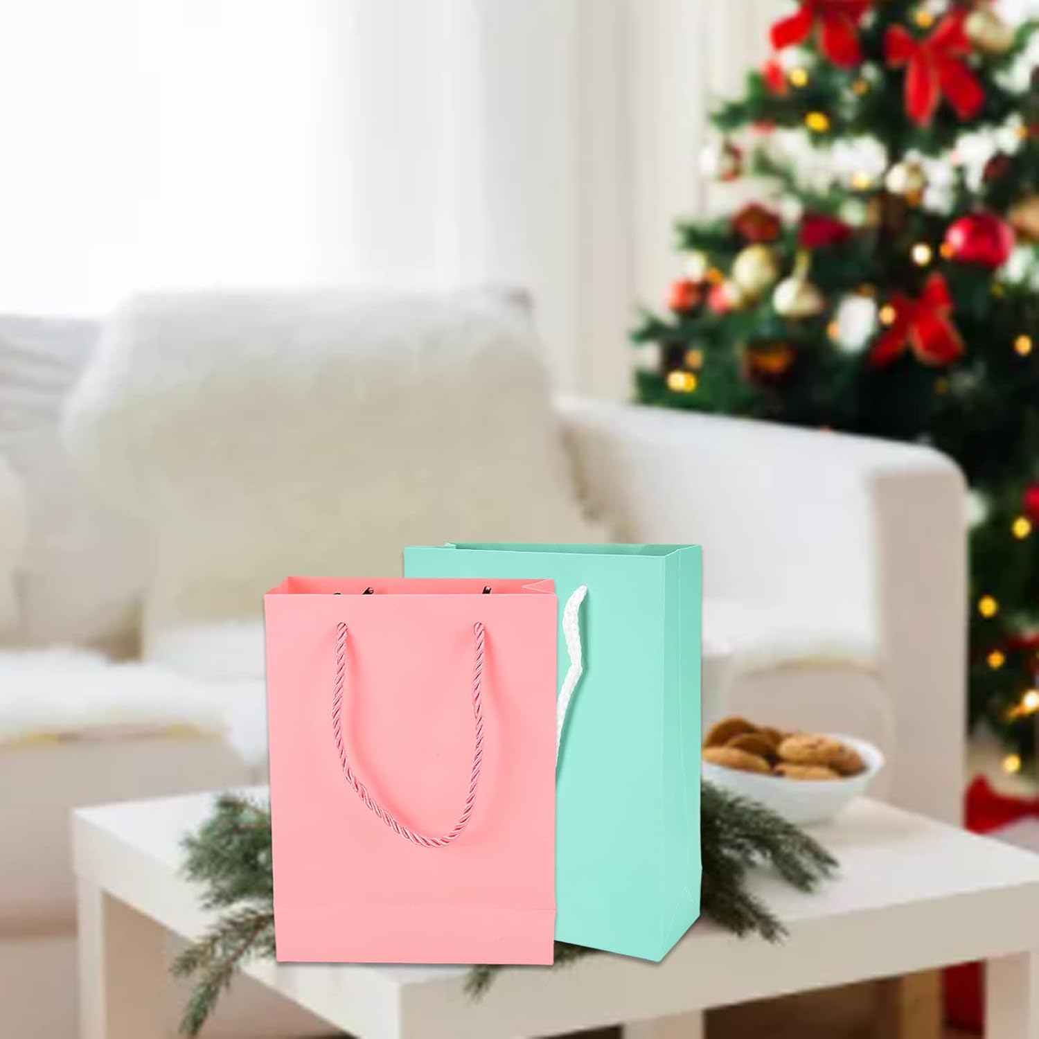 BORDSTRACT Bolsas de embalaje de regalo de papel, 10 bolsas reutilizables de color puro, 5 rosas y 5 verdes con asa, bolsa vertical de regalo para