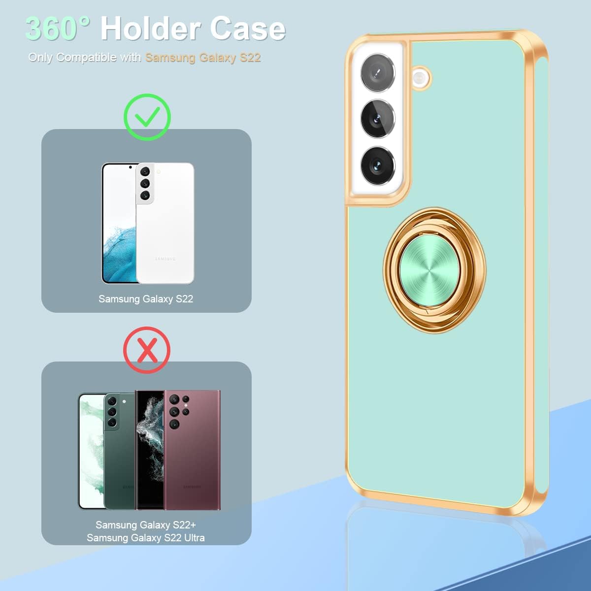 Fingic Funda para Samsung Galaxy S22, Galaxy S22 con soporte de anillo, soporte de anillo giratorio de 360 magnético borde dorado brillante Funda