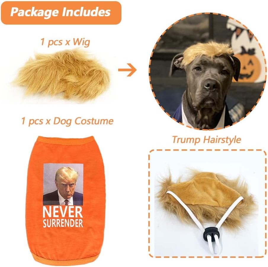 Trump Never Surrender – Disfraz de perro con peluca, linda camisa de Halloween para mascotas, chaleco de fotos de la prisión de Trump, para