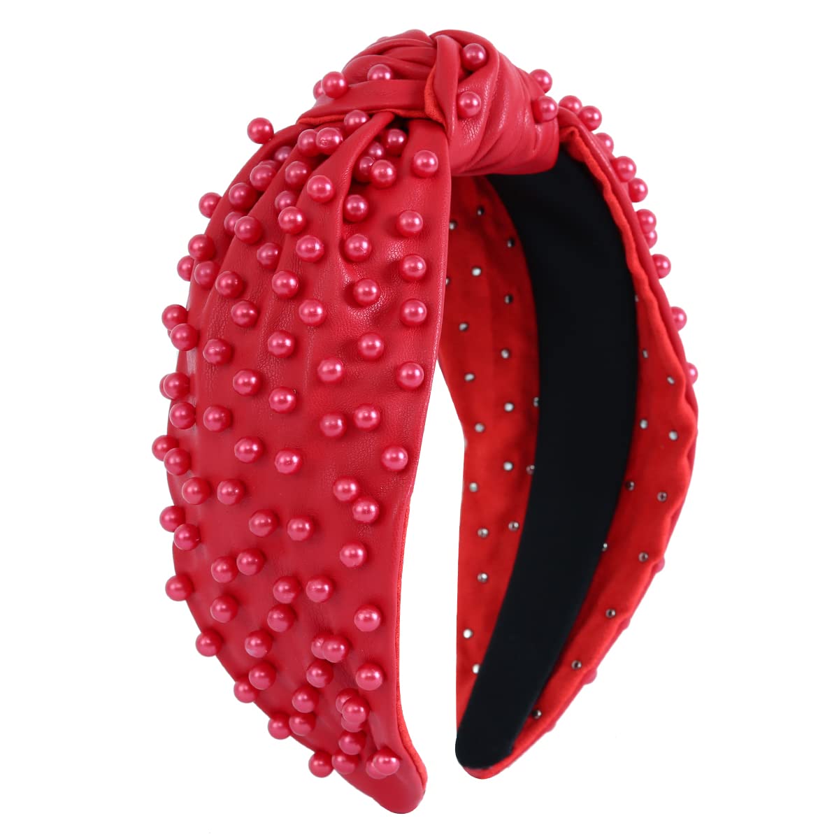 FEDANS Diadema con nudos nacarados para mujer, color rojo, de lujo, con cuentas de cuero, adornado, banda para el pelo elegante de moda