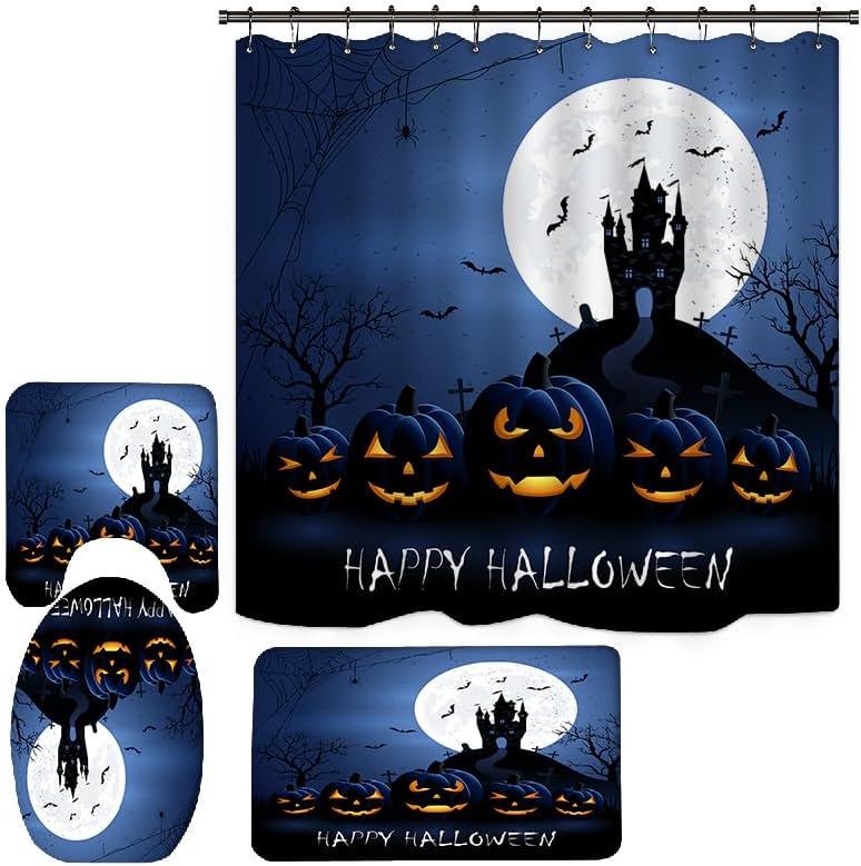 Juego de 4 cortinas de ducha de Halloween, cortinas de ducha, alfombras de baño antideslizantes, funda de inodoro, tapete de baño, decoración de