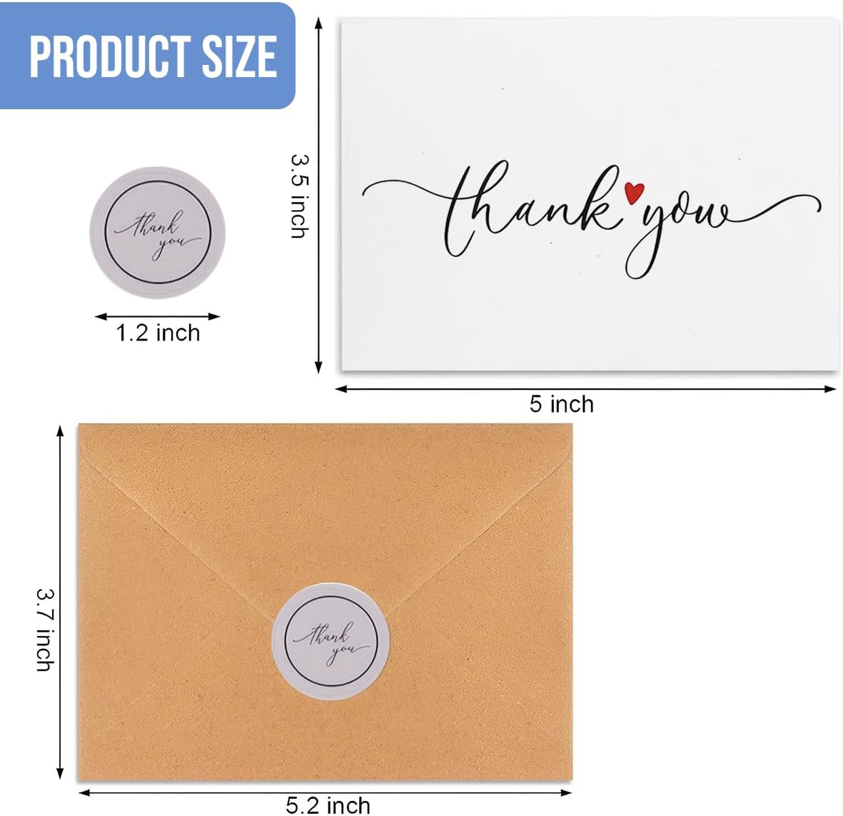 Tarjetas de agradecimiento con sobres y calcomanías de papel de estraza, paquete a granel de 20 y 50, diseño minimalista de 4 x 6 pulgadas, grandes