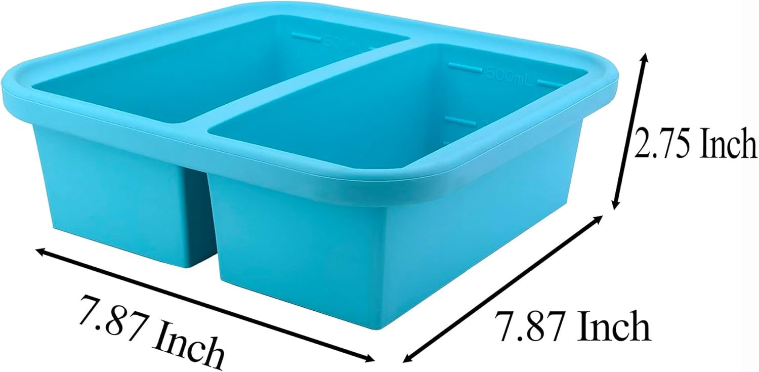 Bandeja de silicona para congelador de 2 tazas con tapa, paquete de 2, haz 4 porciones perfectas de 2 tazas, moldes de fácil liberación para