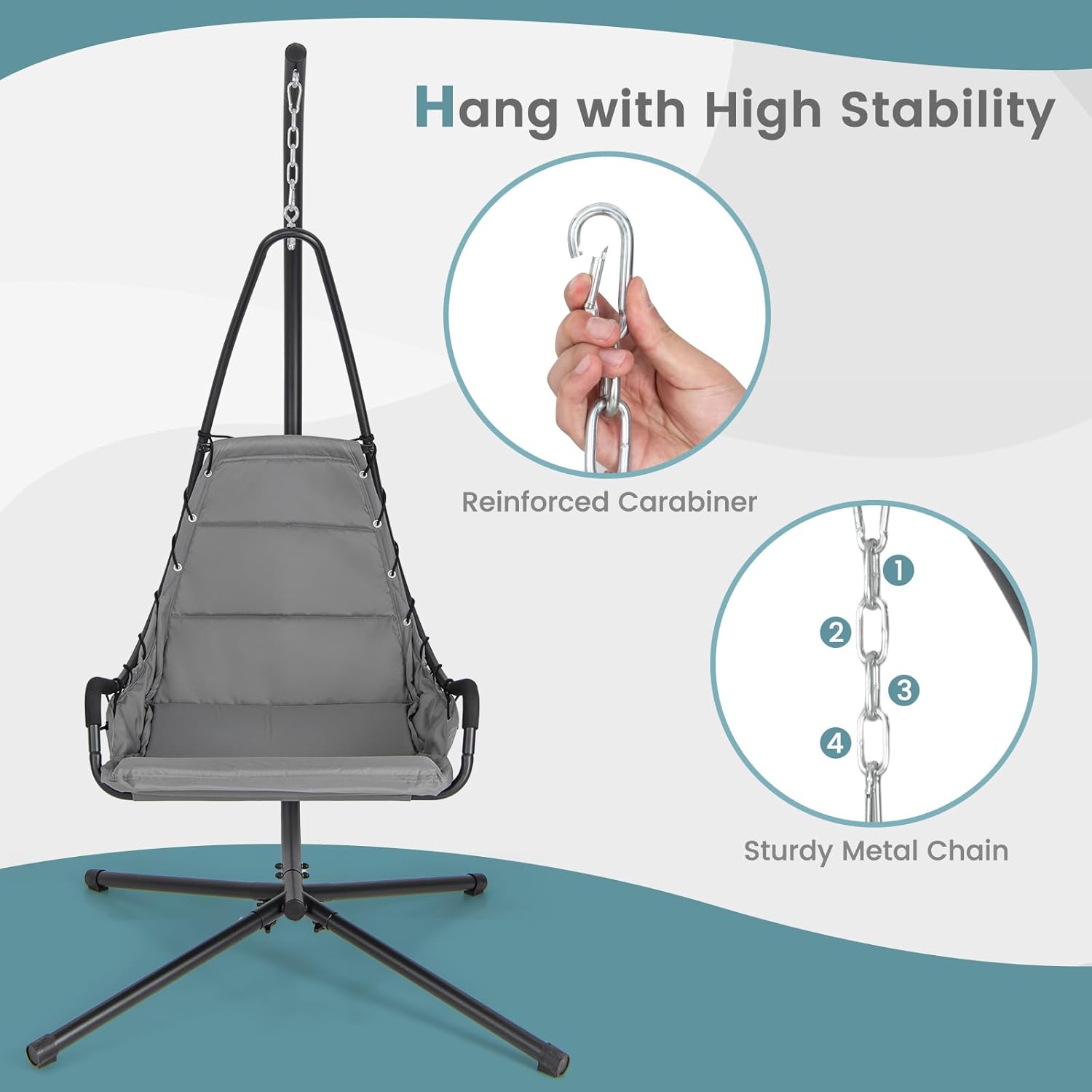 Giantex Silla colgante con soporte, hamaca columpio con asiento acolchado extragrande, marco de metal resistente, silla hamaca para interiores y