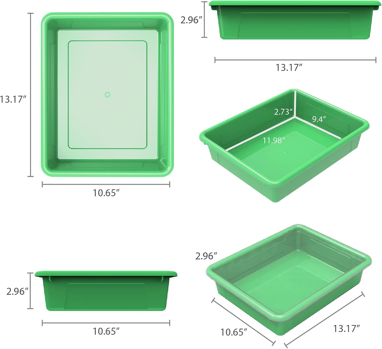 Storex Bandeja de almacenamiento plana tamaño carta, contenedor organizador con tapa sin broches para aula, oficina y hogar, verde, paquete de 5