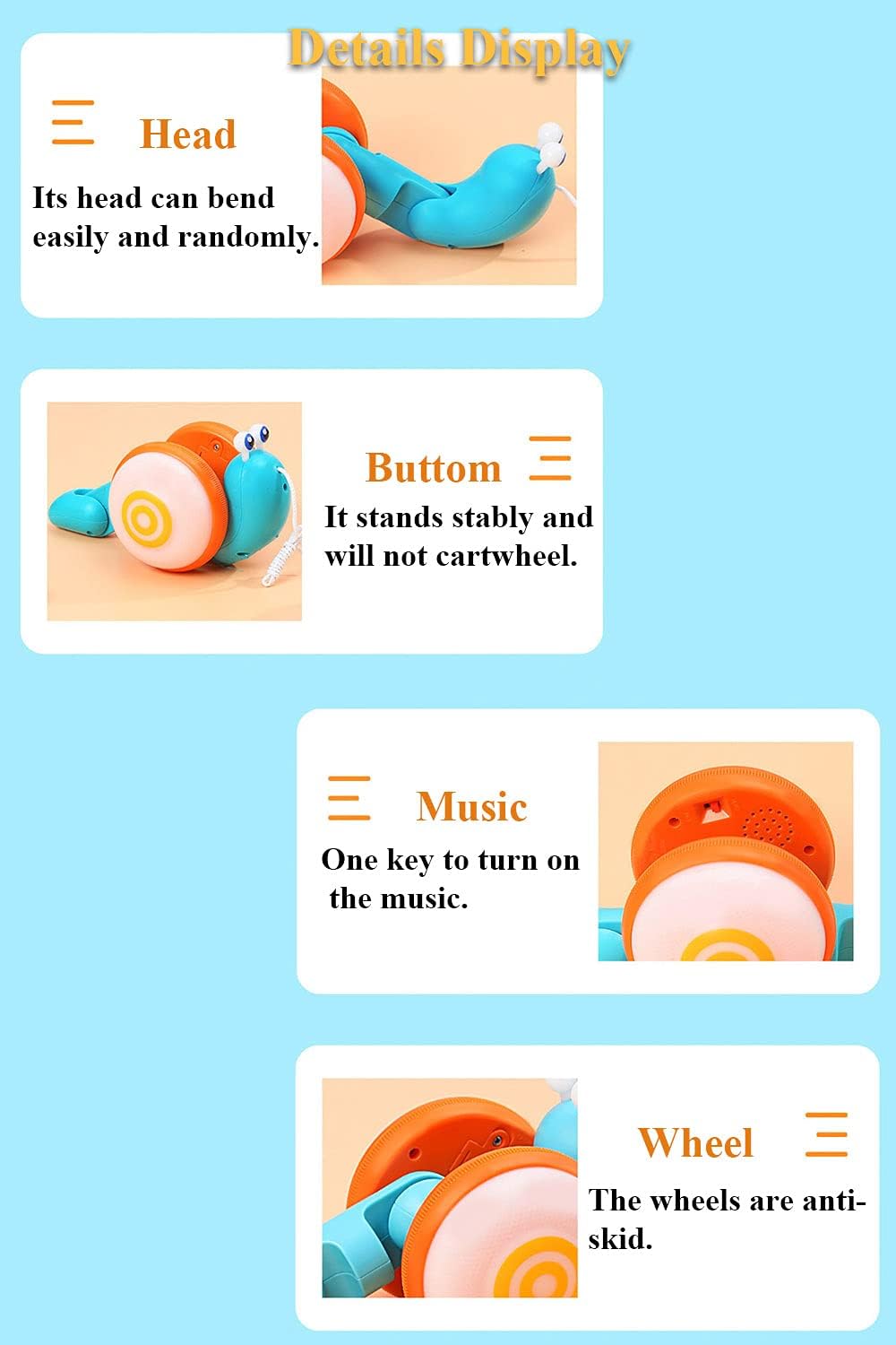 NEXTAKE Caracol, divertido caracol que se arrastra con cuerda, divertido juguete para caminar y aprender, juguete para bebé con música y efecto de