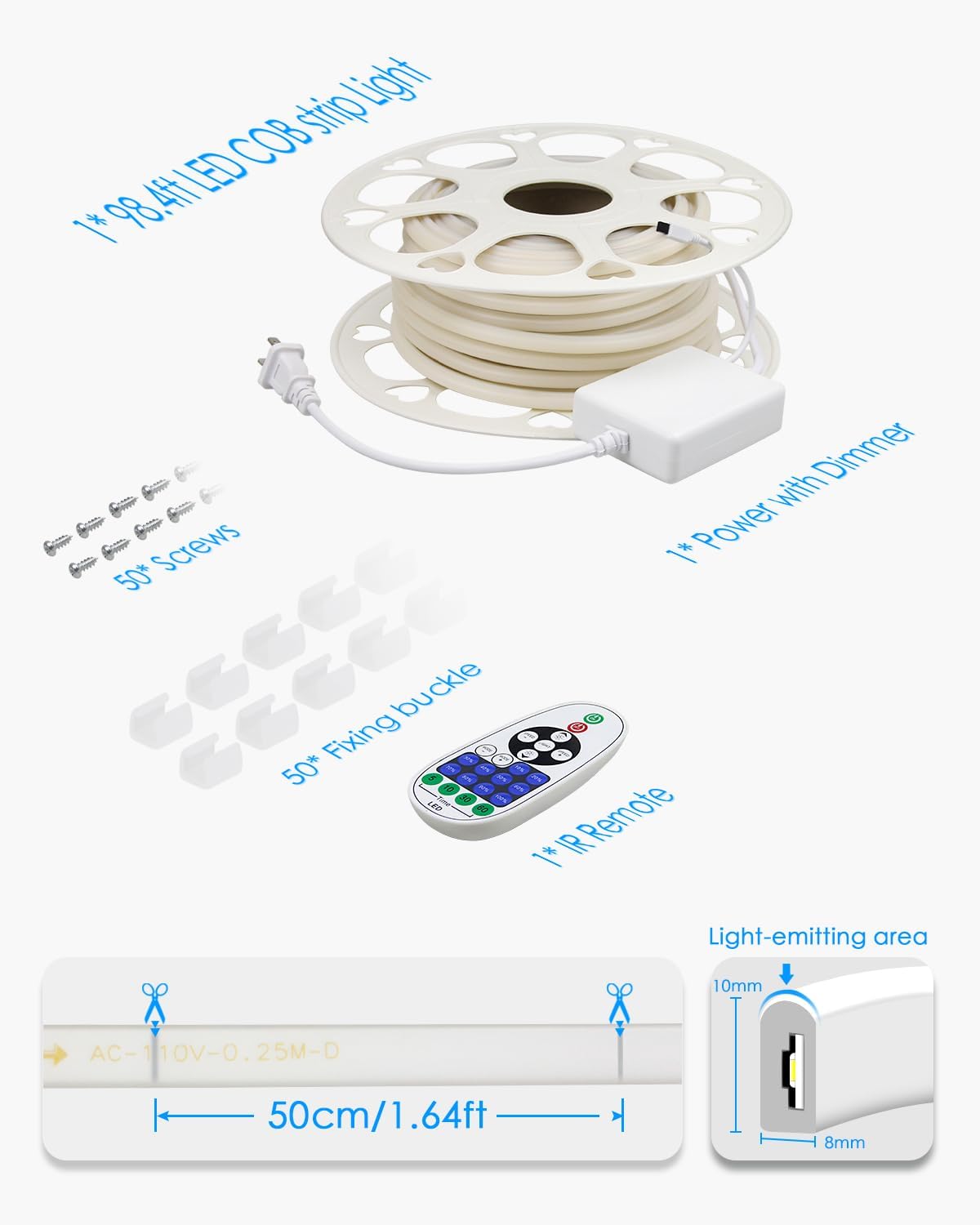 Samsion AC 110V  120V COB Tira de luces LED 100FT30M Blanco Led Cuerda+Luces de cuerda de neón Luz diurna Blanca 16.4FT Tira de luz de neón flexible