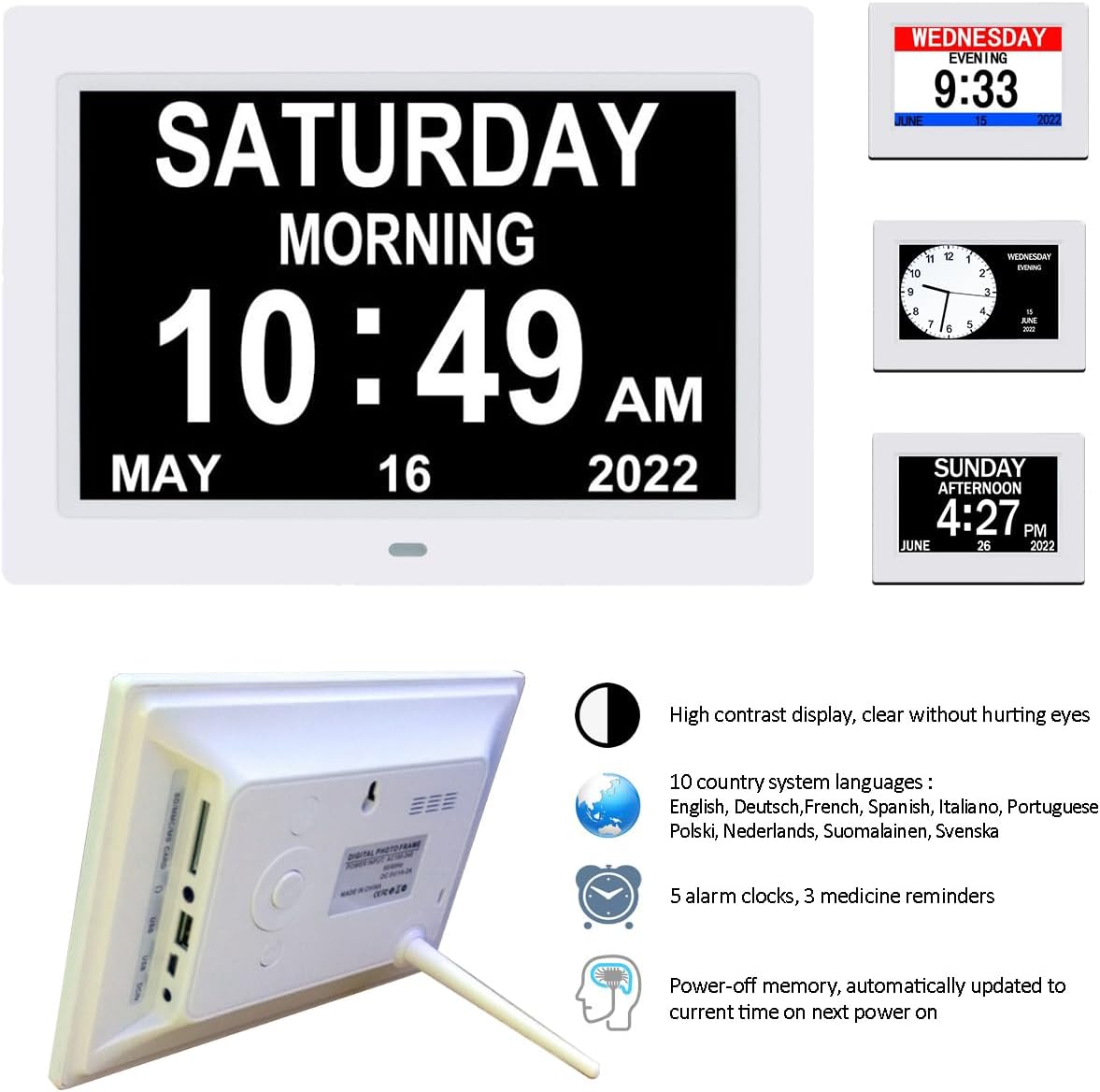 Reloj digital blanco de 9 pulgadas con 3 pantallas, regulable automático, hora de 1224 horas, fecha, semana, mes, año, 12 alarmas, 3 recordatorios,