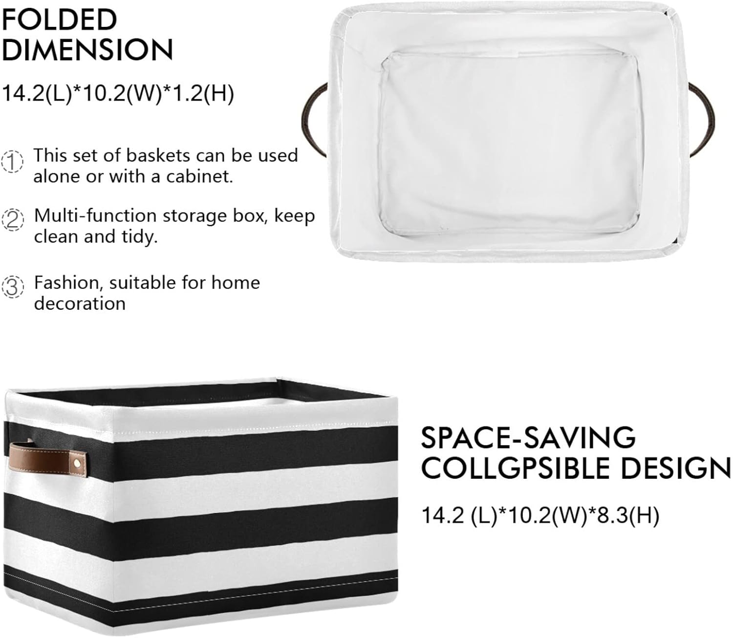 Cesta de almacenamiento plegable grande, color negro y blanco, a rayas, bolsa organizadora plegable con asas, 15 x 11 x 9.5 pulgadas