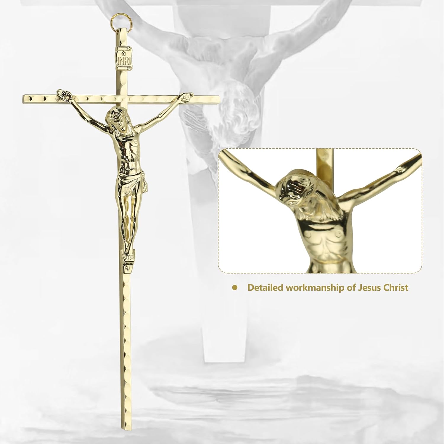 FILTA Crucifijo de pared de metal dorado y crucifijo católico de metal para decoración del hogar, delgadas cruces católicas colgantes de Jesucristo