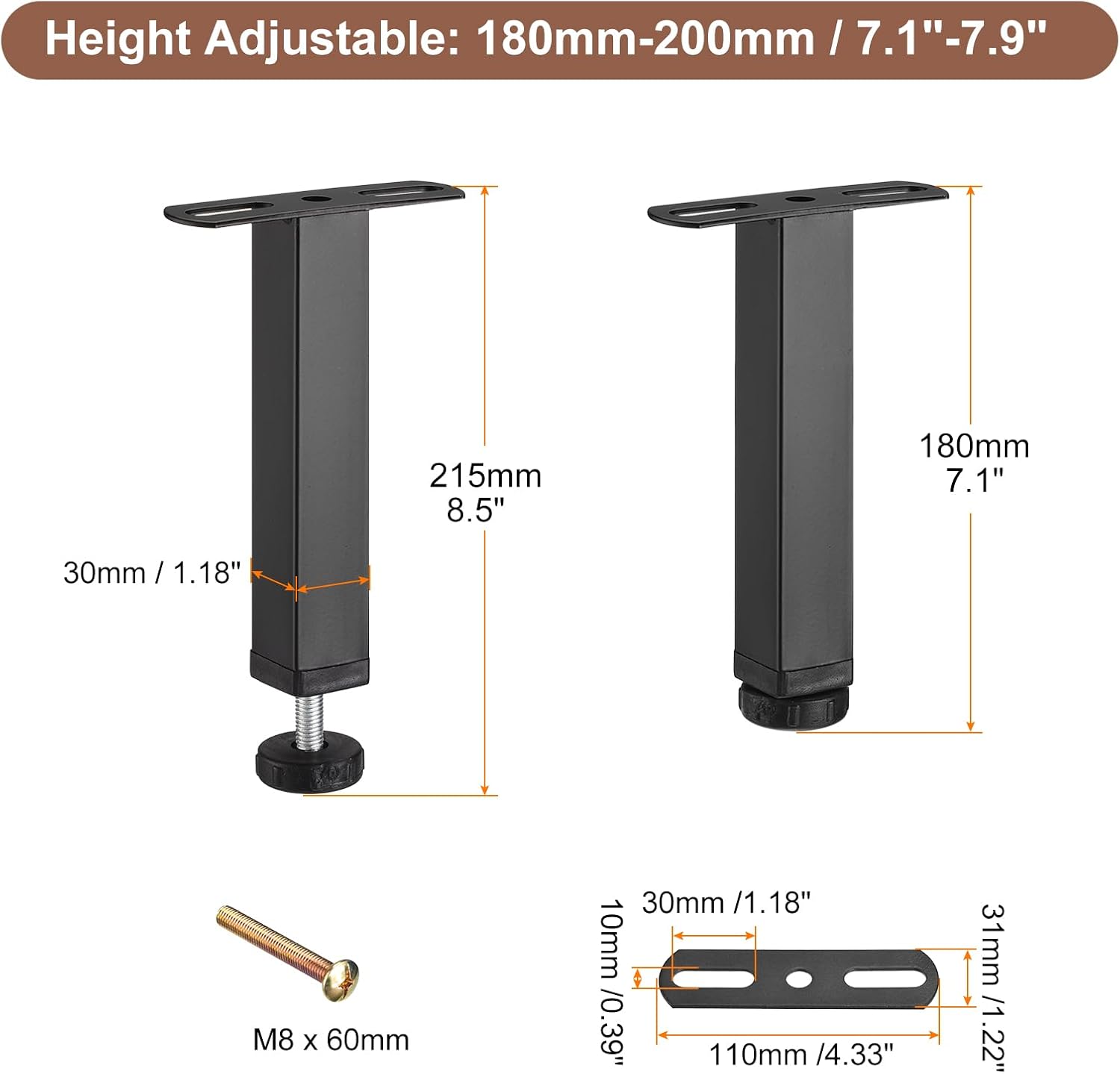 uxcell 2 juegos de patas de soporte de marco de cama de altura ajustable, patas de soporte de listones centrales de cama (180mm-200mm7.1″-7.9″)