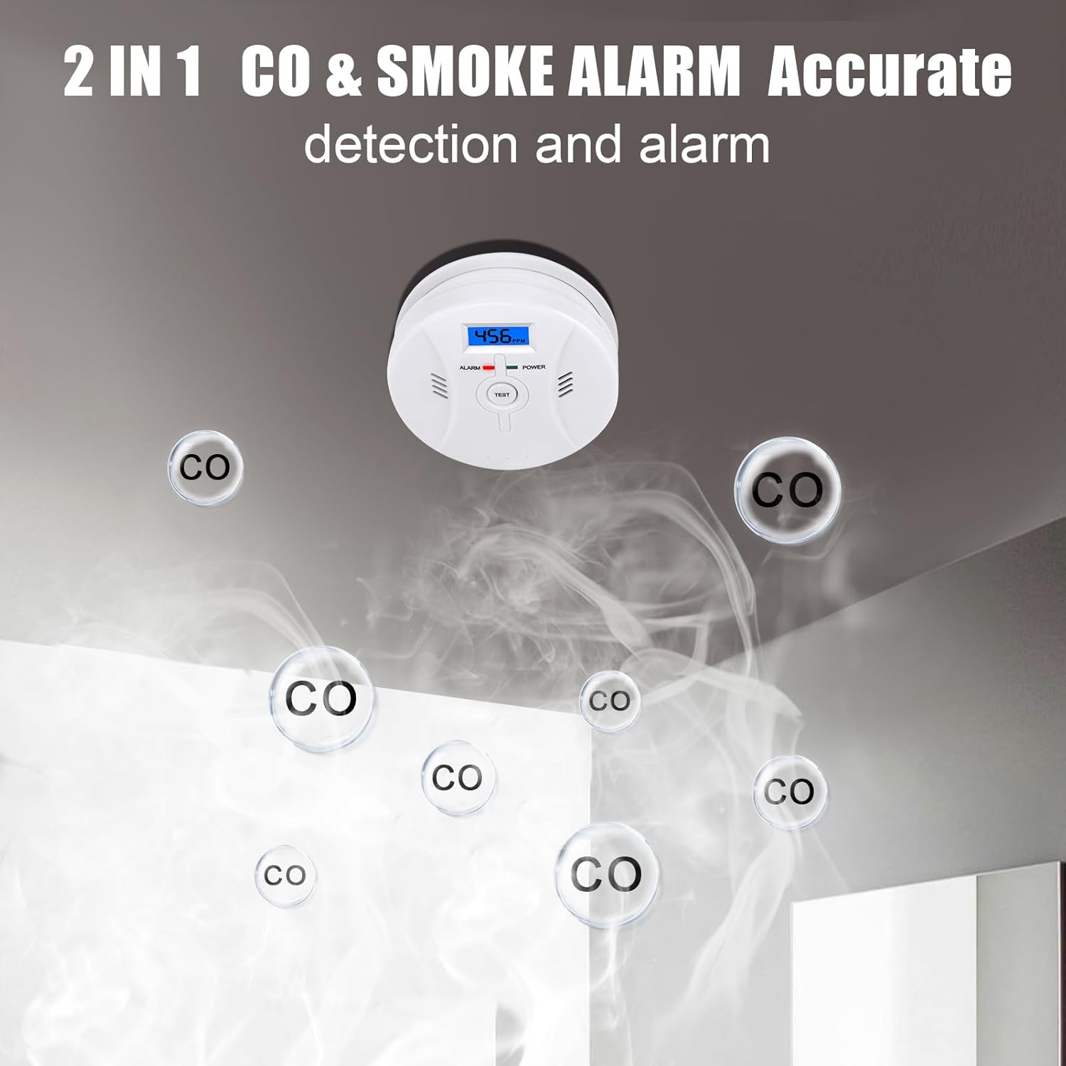 Detectores de CO y humo 2 en 1, detector de monóxido de carbono, con batería de 9V, pantalla digital, detector de humo, detector de monóxido de