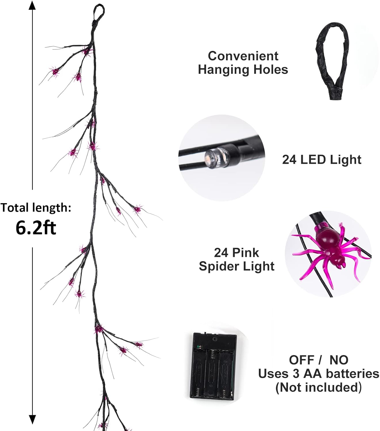 Guirnalda de luces de Halloween para decoración de Halloween, luces de araña de 6.5 pies, 48 LED, funciona con pilas, ramas de araña de Halloween,