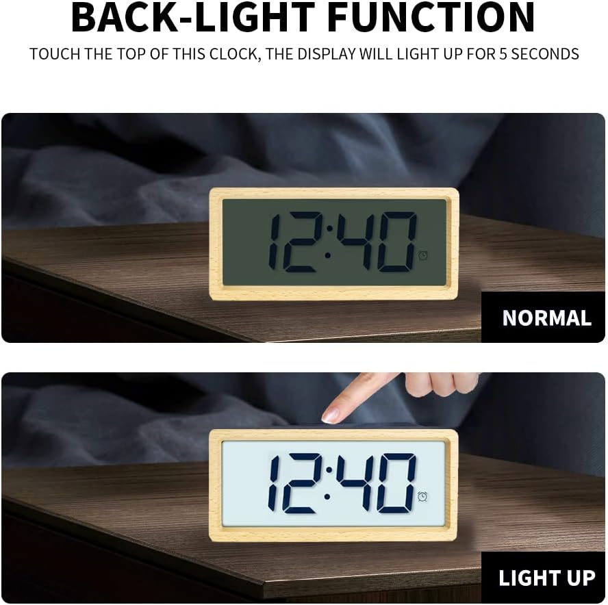 everwood Relojes despertadores digitales de madera para dormitorios con función de repetición LCD de gran número, batería de reserva operada