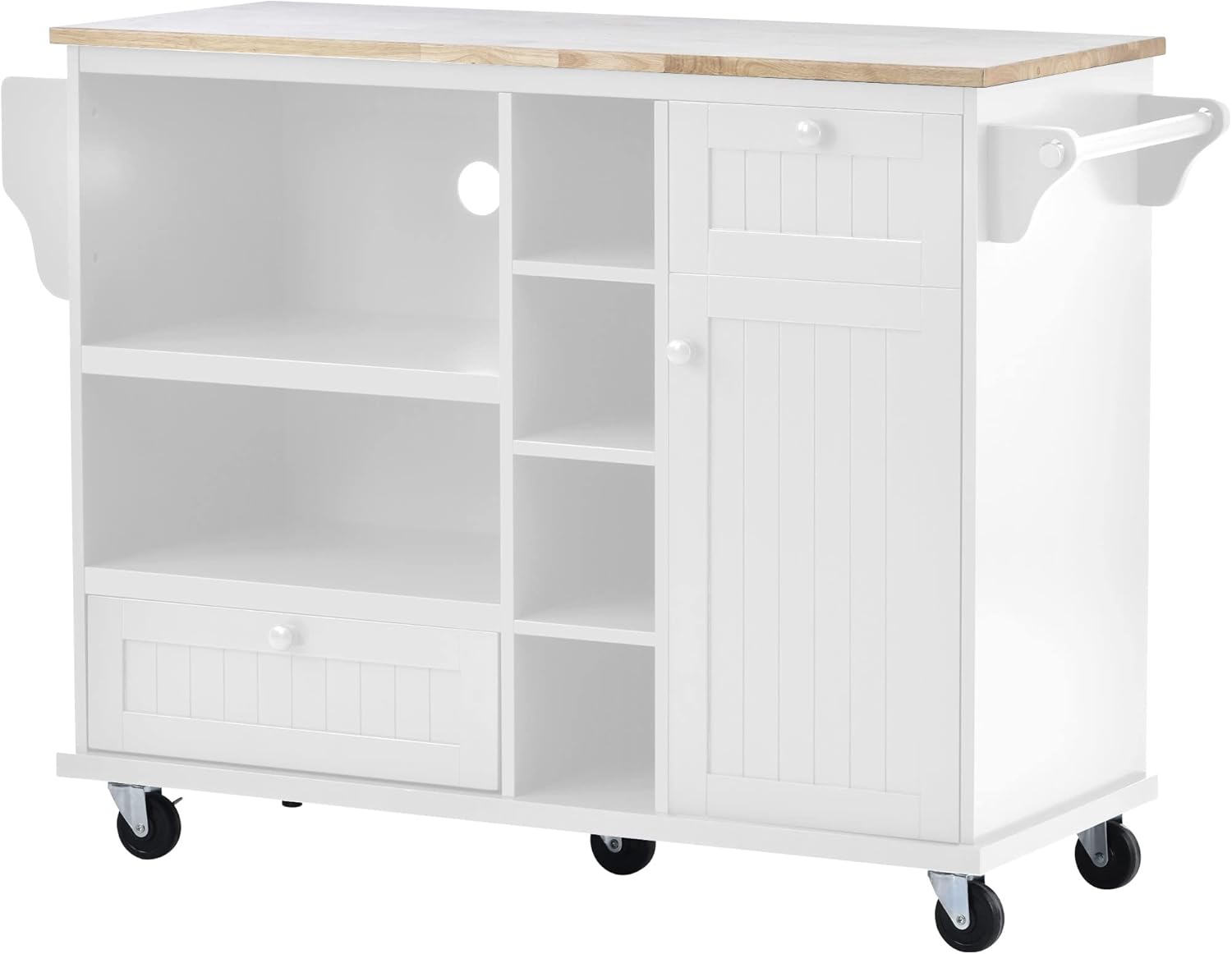 Olela Carrito de isla de cocina con almacenamiento, mesa de cocina móvil rodante para microondas con ruedas con estantes abiertos, cajones y