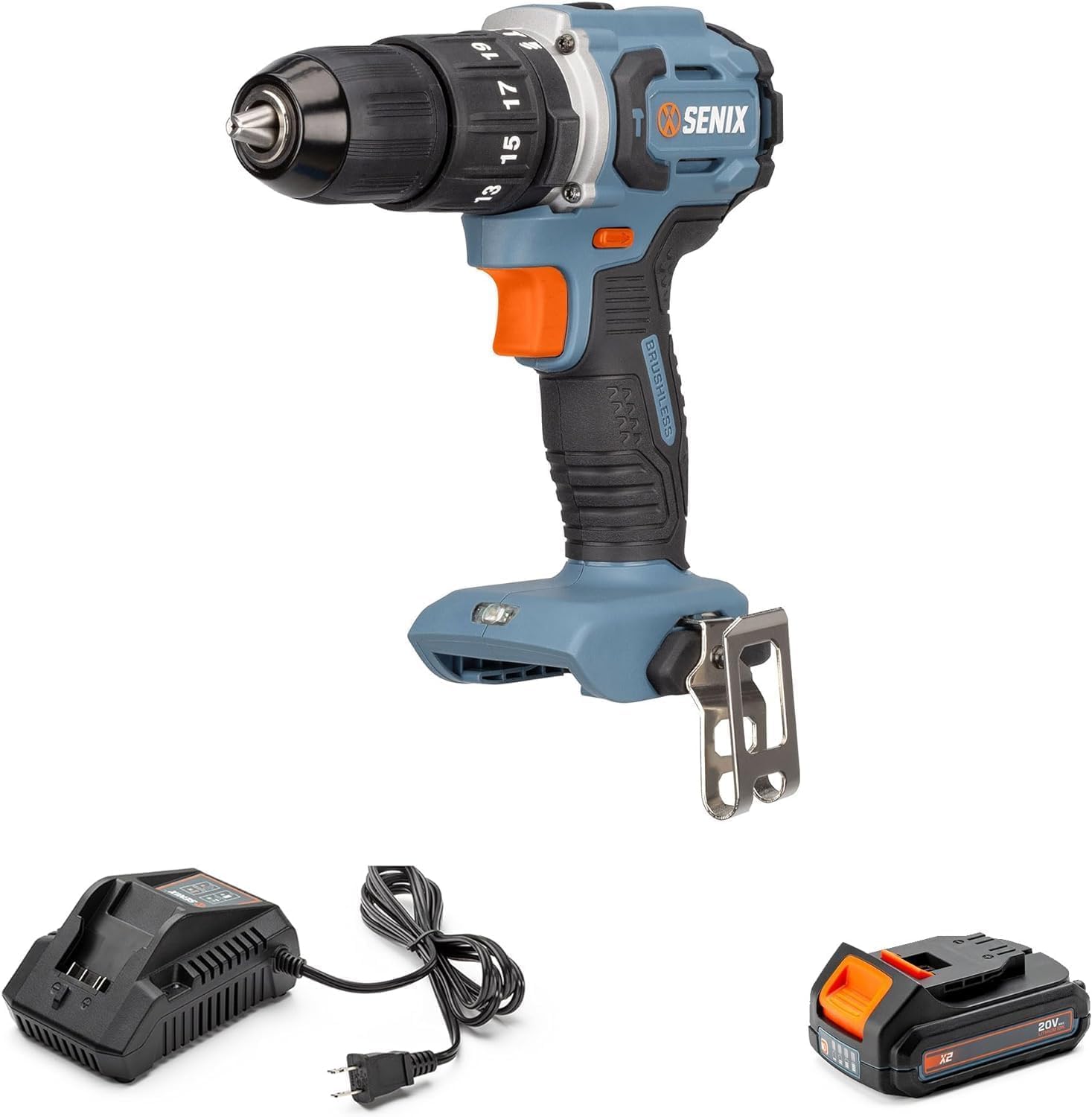 SENIX Taladro de martillo inalámbrico X2 de 20 voltios máximos de 12 pulgada con motor sin escobillas, kit de herramientas eléctricas incluye bolsa