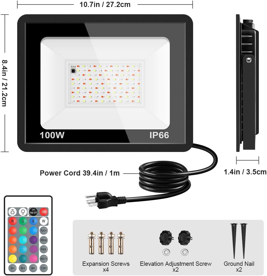 MOSFiATA Paquete de 2 luces de inundación LED RGB de 100 W, 12000 lm que cambian de color inteligente con control remoto, luces elevadas