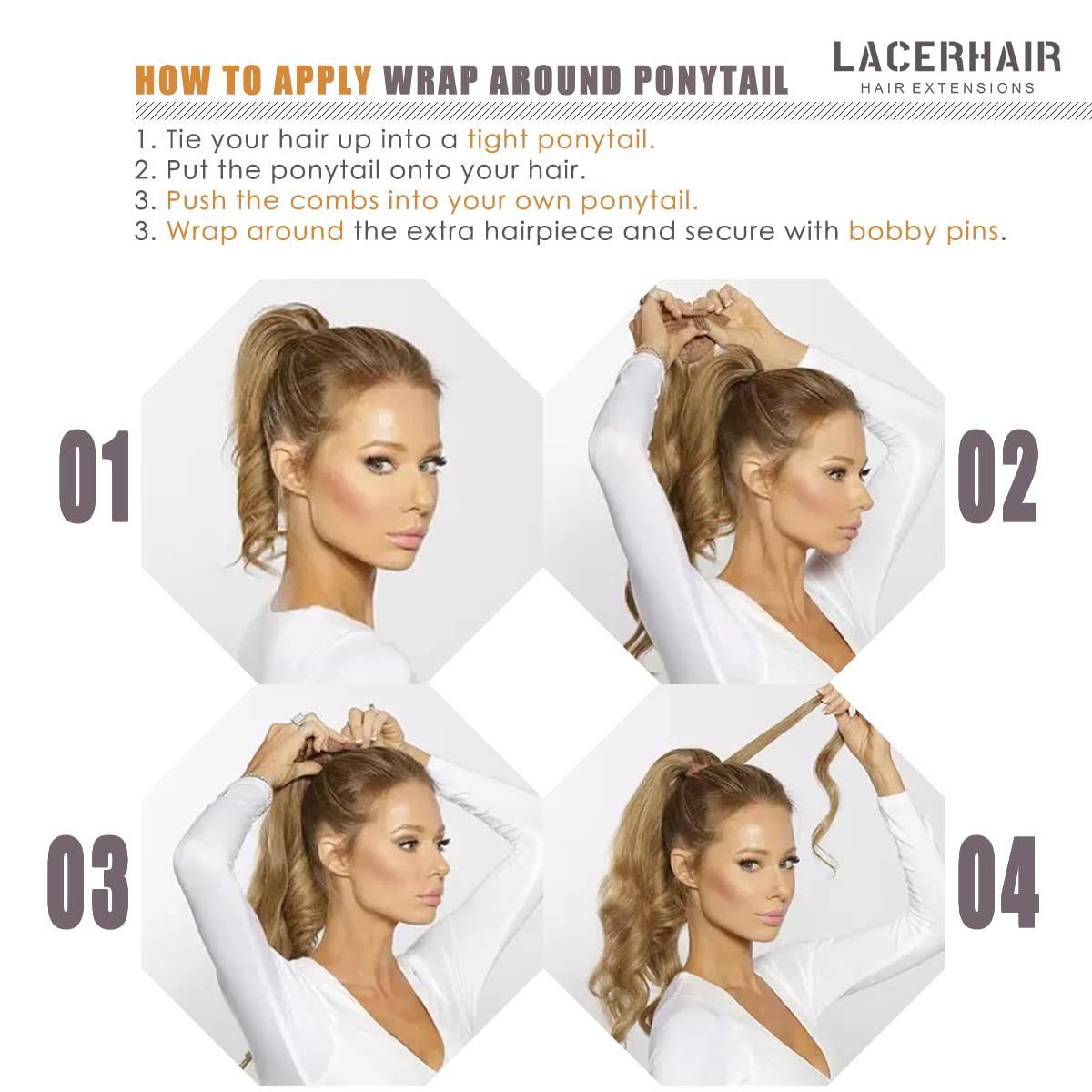 Lacer Extensiones de cabello humano real con cola de caballo larga, color marrón chocolate a castaño de 20 pulgadas, cabello humano envolvente,