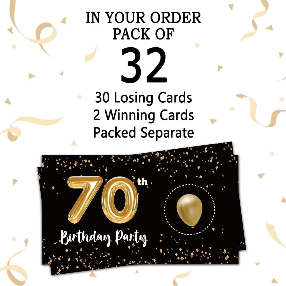 REWIDPARTY Tarjetas de juego para raspar para fiesta de 70 cumpleaños para adultos (32 piezas) en negro y dorado para 70 cumpleaños, suministros