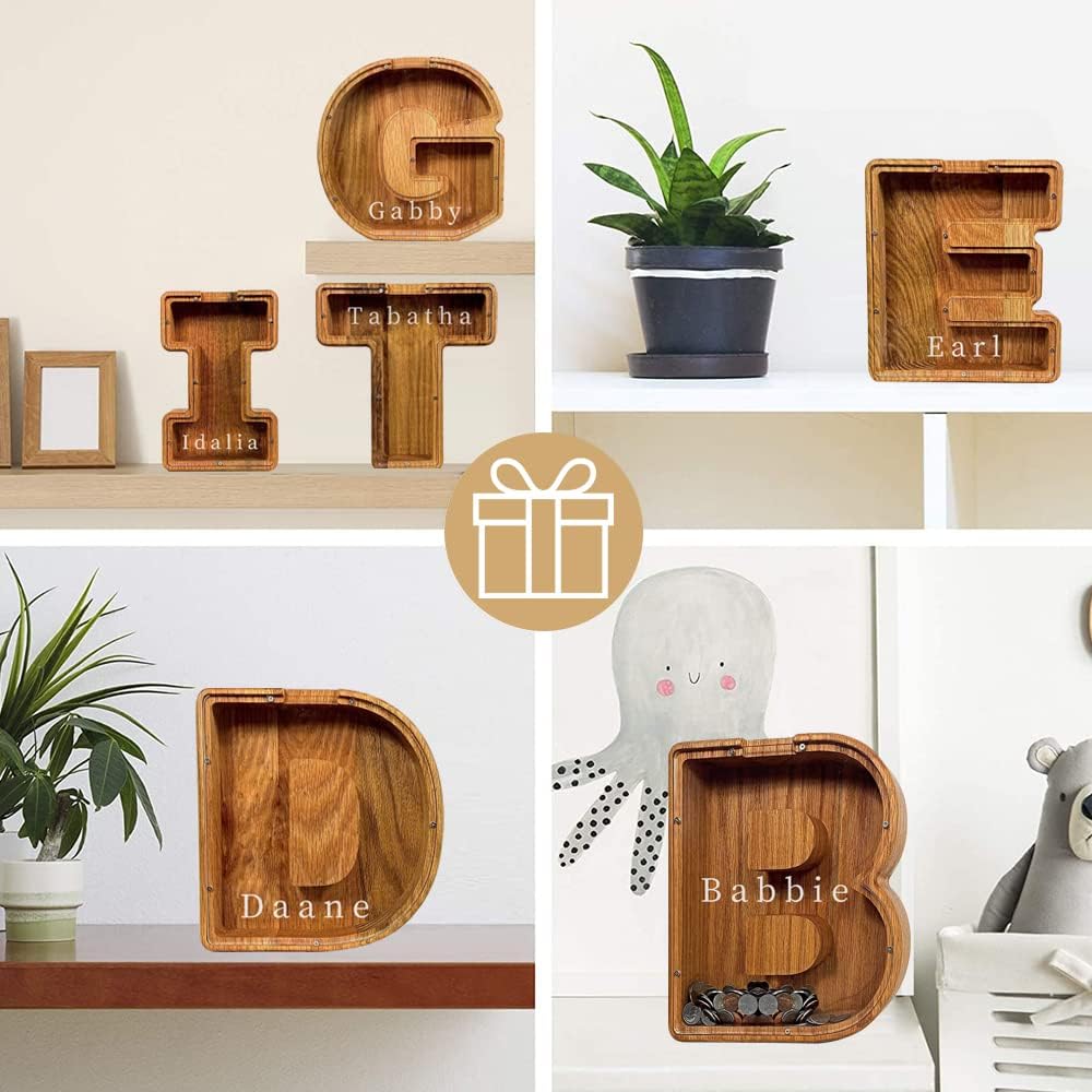 Alcancía personalizada, alcancía de madera personalizada para niños, monedero para niñas y niños, decoración de letras del alfabeto inglés de
