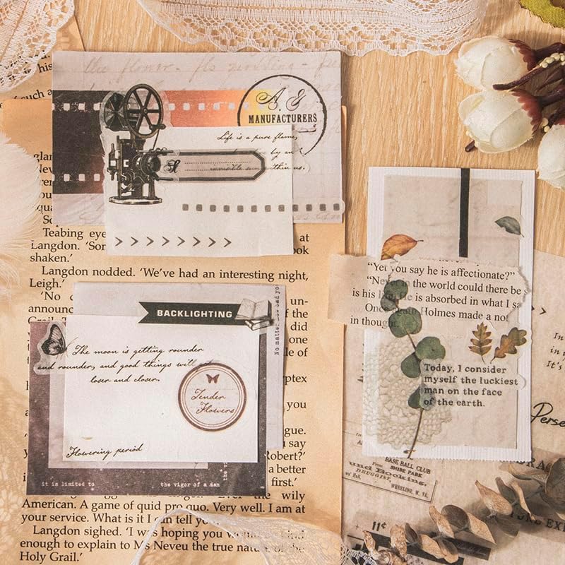 40 hojas de calcomanías Washi vintage para adultos, libro de diario basura efímera con 180 calcomanías de película y 20 papeles adhesivos para