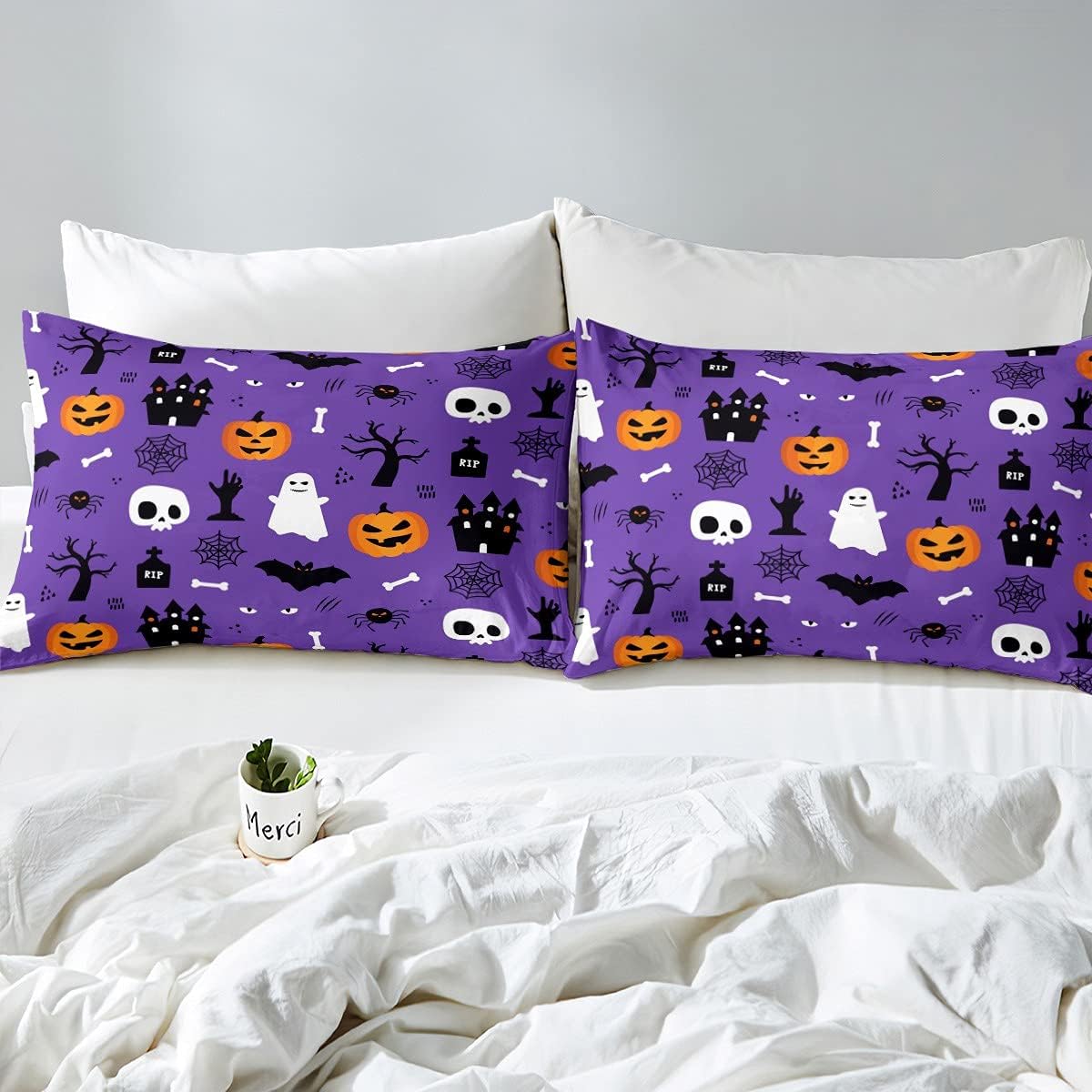 Feelyou Juego de sábanas bajeras de Halloween con diseño de calabaza de dibujos animados para niños y niñas, diseño de castillo, fantasma,
