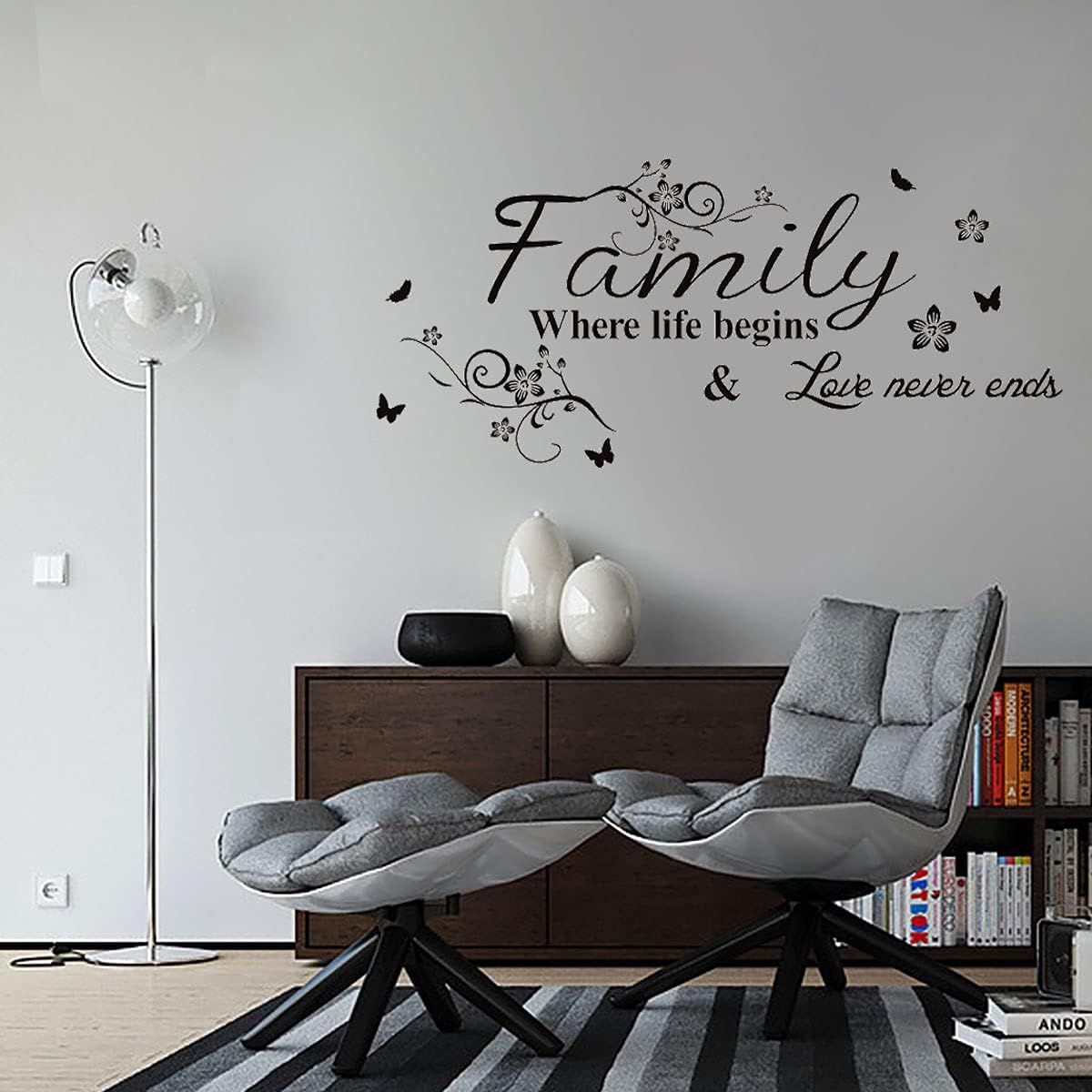Calcomanías de pared inspiradoras con frases de amor, familia donde comienza la vida, mariposas, flores, calcomanías de pared para sala de estar,