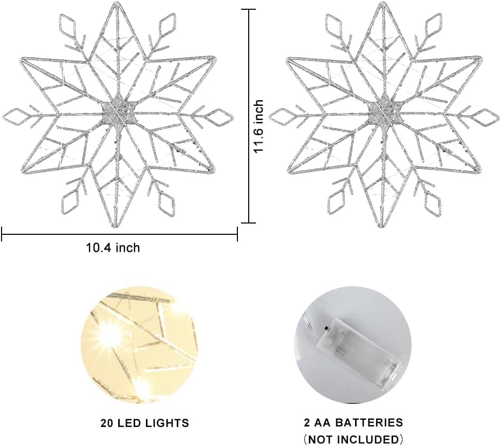 PHITRIC – Decoración para árbol de Navidad, decoración de árbol de nieve plateada iluminada de 10 pulgadas, 20 luces LED plateadas, decoración de
