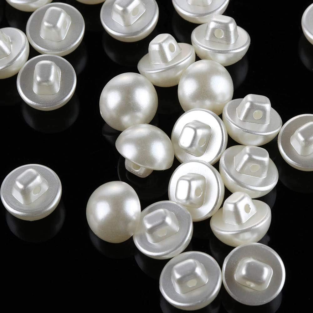 100 botones redondos blancos de perlas de resina de 0.551 in con forma de hongo con agujero para coser ropa, vestido, suéter, manualidades,