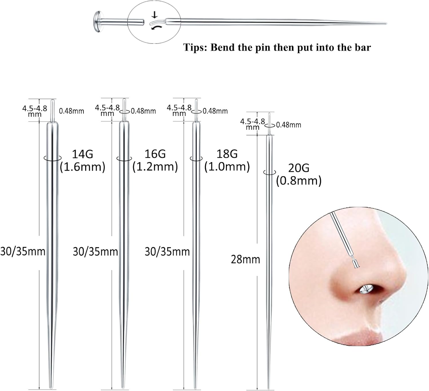 Aumeo G23 Piercing cónico sin rosca de titanio, 14G, 16G, 18G, pasador de inserción para nariz, labio, Monroe, oreja, tragus, hélix, empuje,