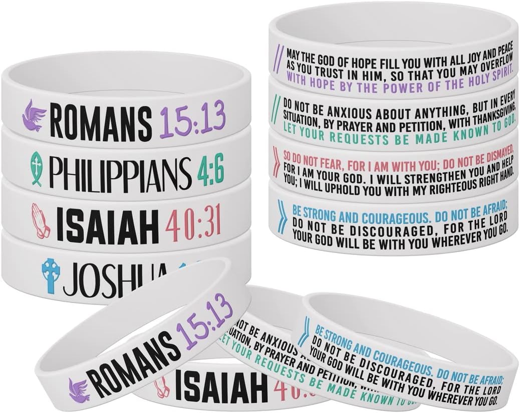Paquete de 12 pulseras inspiradoras de la Biblia cristiana  Isaías 4031, Filipenses 46, Josué 19, Romanos 1513, pulseras de silicona inspiradoras