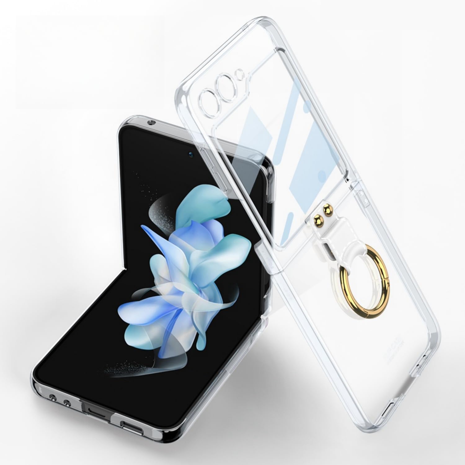 BAILI Funda transparente para Samsung Galaxy Z Flip5 con anillo, cristal duro para Galaxy Z Flip 5 con pantalla pequeña HD a prueba de explosiones