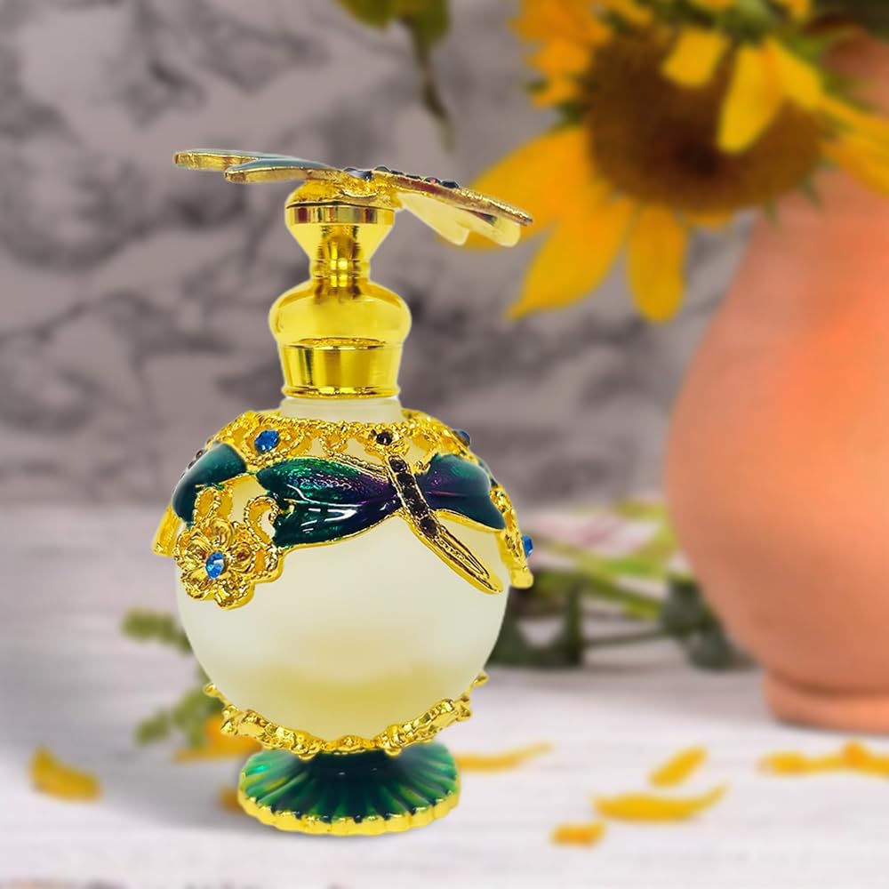 MEHOFOND Botella de perfume vintage de libélula de 0.8 fl oz, botellas decorativas de vidrio rellenables, botellas de perfume de vidrio vacías para