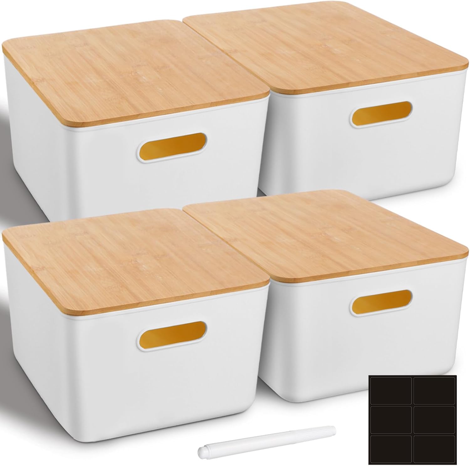 4 contenedores de almacenamiento con tapas de bambú, contenedores de almacenamiento de plástico, apilables, con asa, para dormitorio, oficina,
