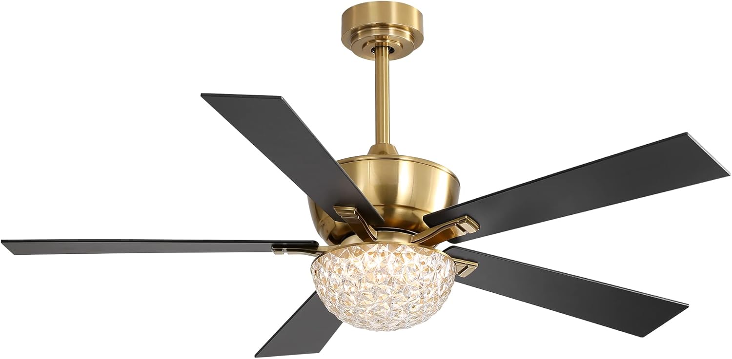 Breezary Ventilador de techo de 52 pulgadas con control remoto de luces, moderno ventilador de techo dorado y negro con cristal, motor de CA