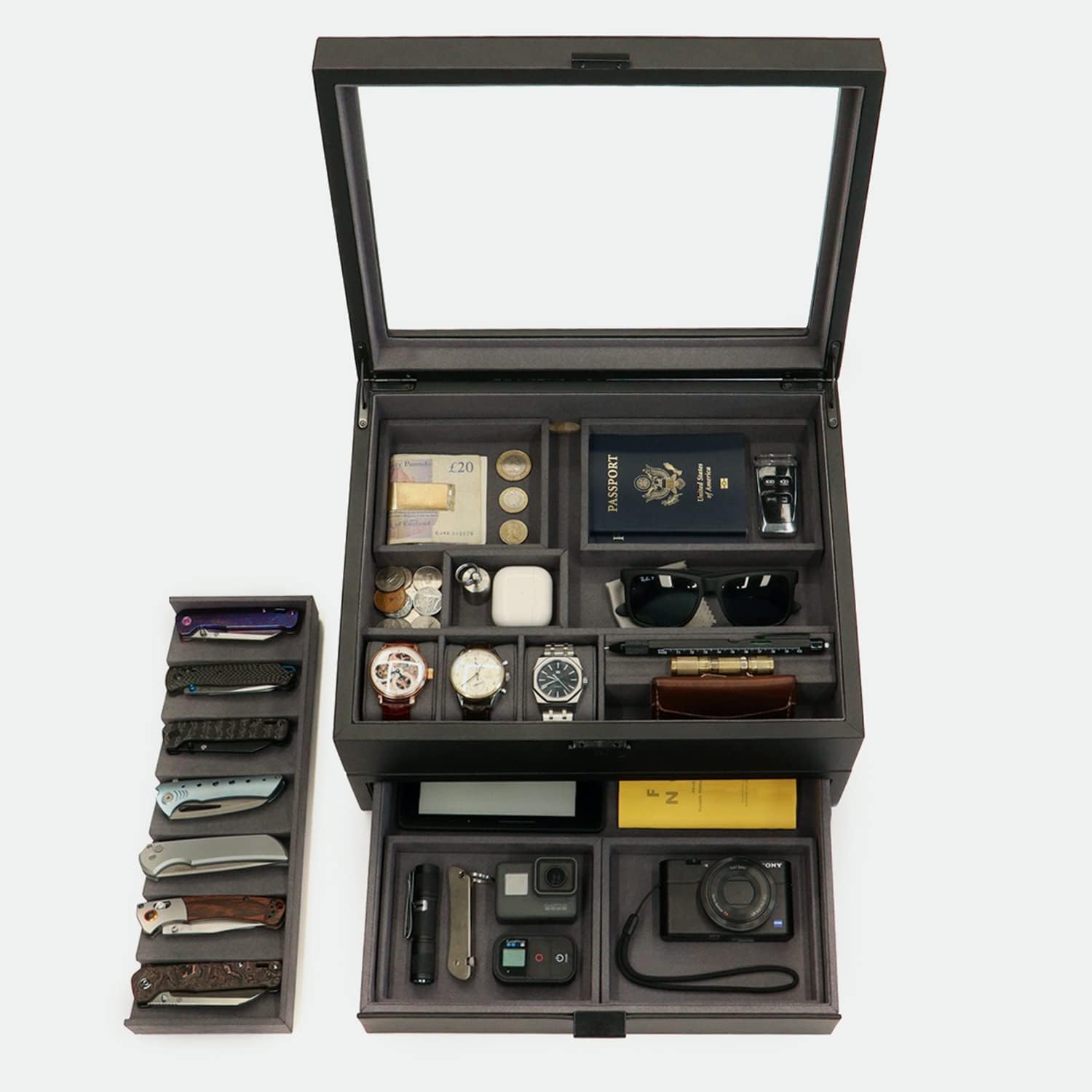 Kaviso Cajón de almacenamiento de valet de Cache Display – EDC, cuchilla, reloj y cajón de almacenamiento de joyas, forro de microfibra, cuero