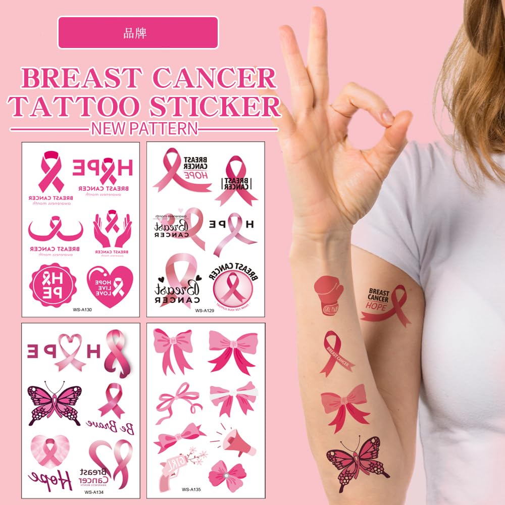 10 hojas de calcomanías de tatuajes de cinta rosa para concientización sobre el cáncer de mama, impermeables, fáciles de usar