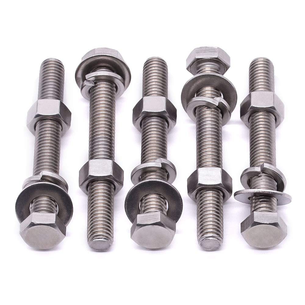 Tornillos hexagonales de acero inoxidable de 14-20 x 3-12 pulgadas (10 juegos) con tuercas arandelas planas, arandelas de bloqueo, 304 SS 18-8,