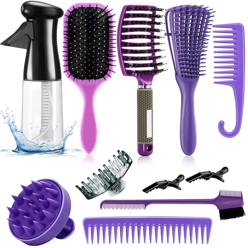 Juego de 11 cepillos de pelo para mujeres y hombres, cepillo desenredante para cabello natural negro, cepillo de cabello rizado con botella de spray