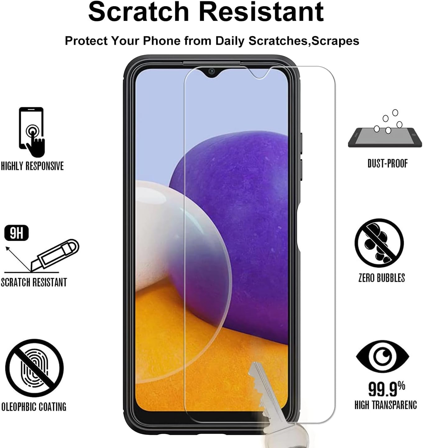 3 protectores de pantalla Samsung Galaxy A22 5G Funda de silicona luminosa nocturna 9H cubierta de vidrio templado suave delgada TPU parachoques