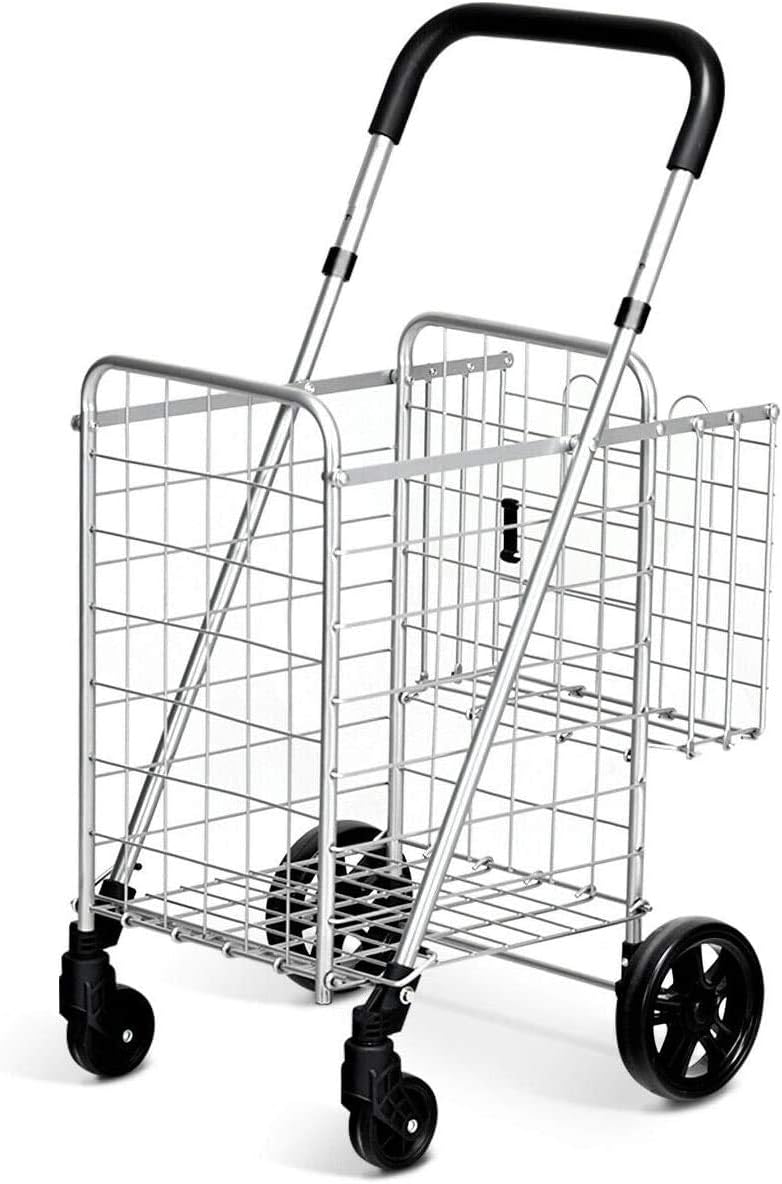 Carrito de compras plegable, carrito de supermercado de doble cesta con barra de mango ancho ajustable y ruedas giratorias, adecuado para libros de