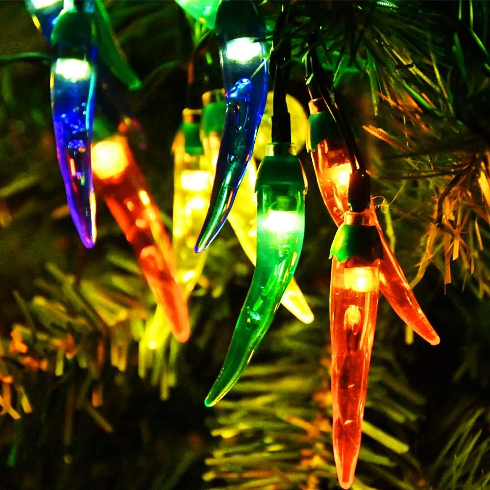 Guirnalda de luces solares de Navidad para exteriores, 50 luces LED multicolor con luces de árbol de Navidad, luces solares de jardín para cocina,