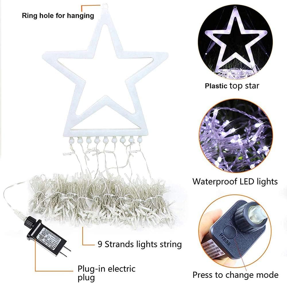 Guirnalda de luces de estrella para decoración de Navidad al aire libre, 317 luces LED de 11.5 pies con 8 modos de iluminación de memoria y