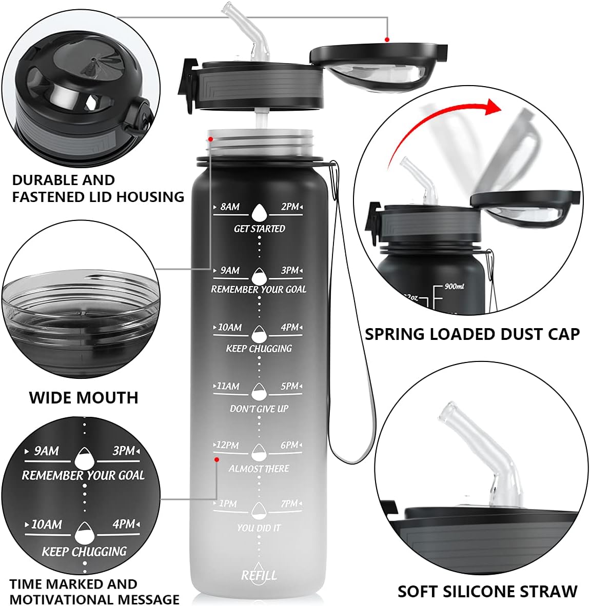 Botellas de agua de 32 onzas con marcador de tiempo y popote, botella de agua motivacional con tiempo para beber, a prueba de fugas, Tritan sin BPA,