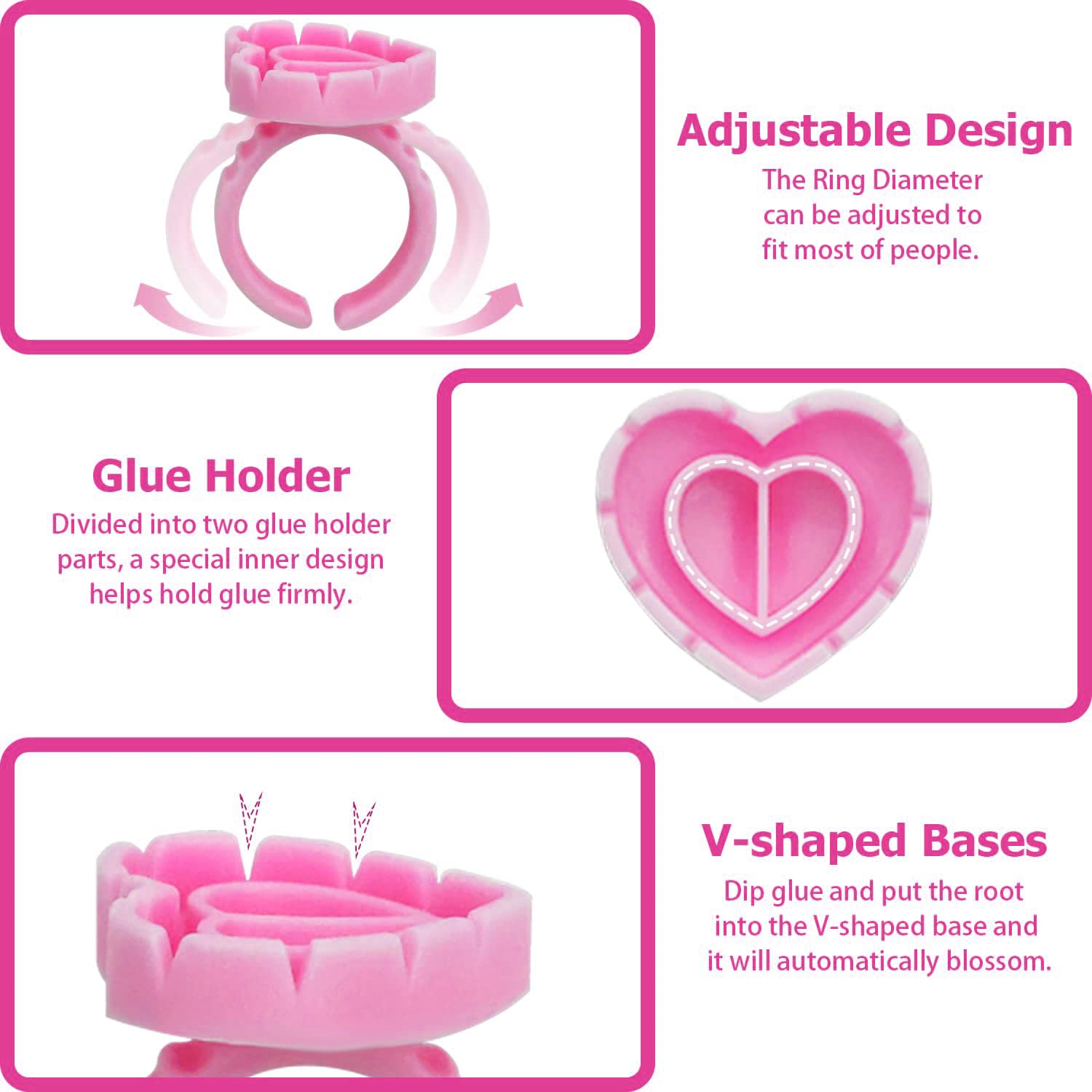500 anillos de pegamento WKBRAE para extensiones de pestañas, lindo corazón rosa, soporte de pegamento para pestañas, anillos de pegamento