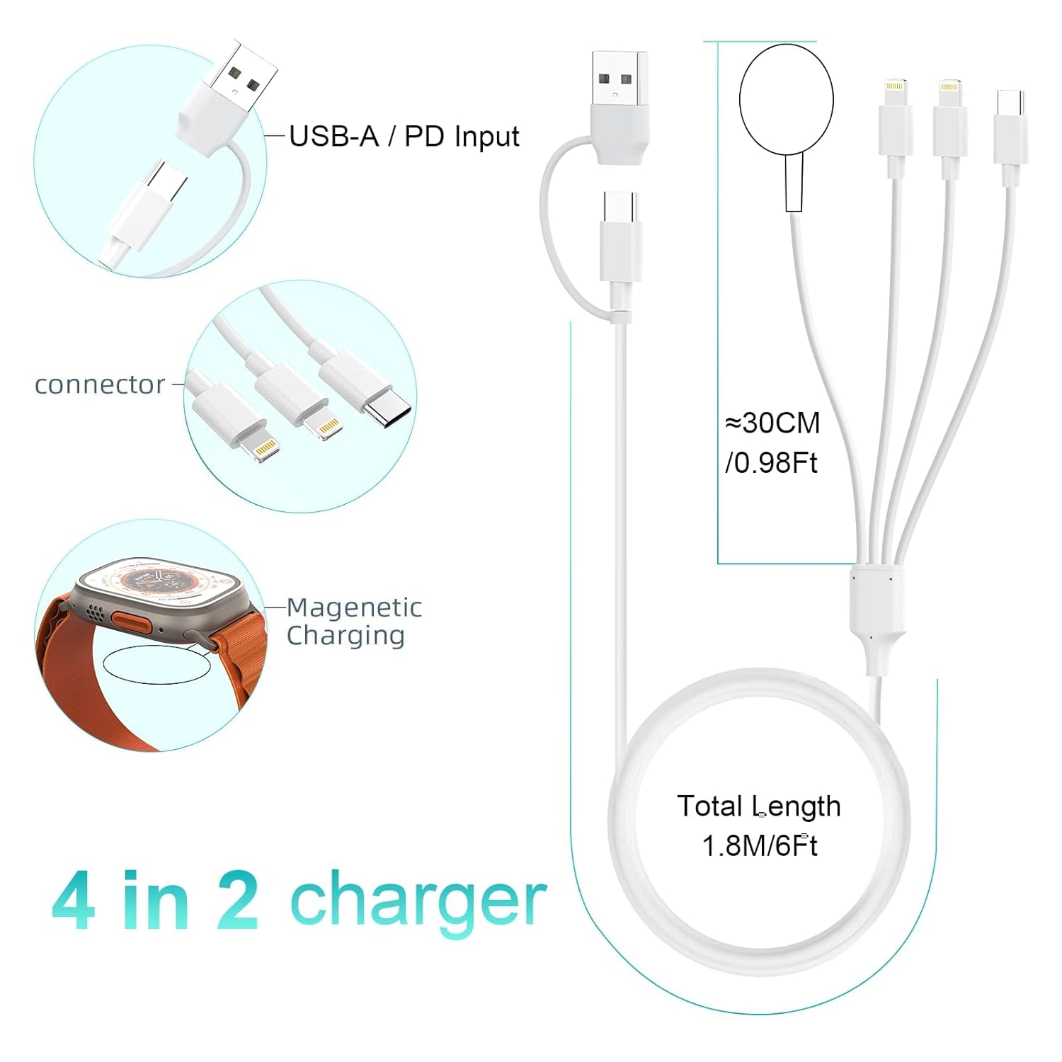 Certificado MFi Cargador USB C iWatch para Apple WatchiPhone, cargador de reloj 4 en 2, cable de carga magnético inalámbrico para Apple Watch Series