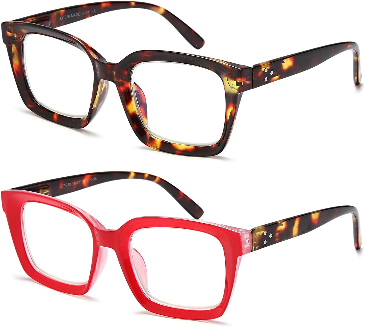 2 pares de anteojos de lectura retro de gran tamaño para mujer con bisagra de resorte, lentes de lectura cuadrados grandes con bloqueo de luz azul