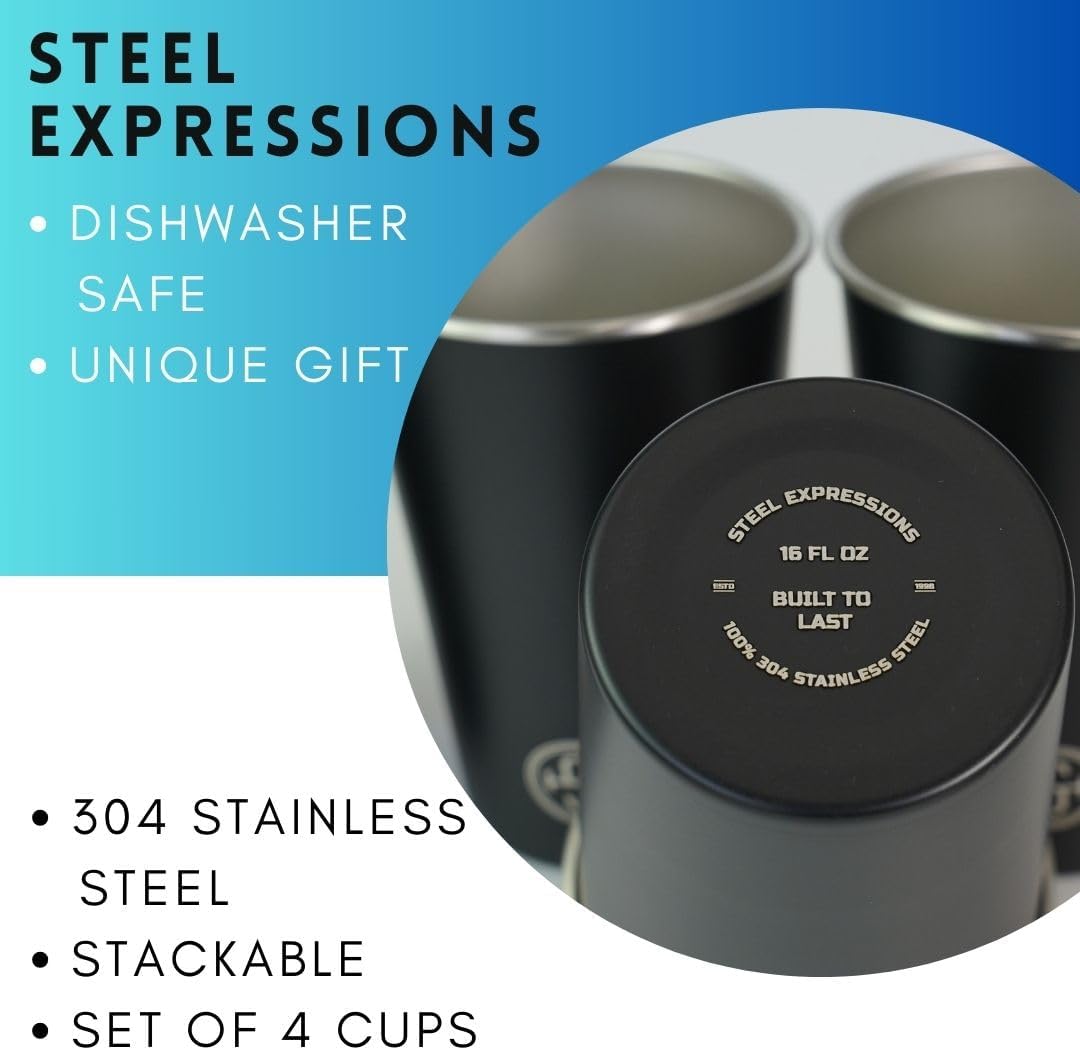 Steel Expressions – Vasos de acero inoxidable de 16 onzas, apilables y duraderos, para campamento, reutilizables y aptos para lavavajillas, juego de