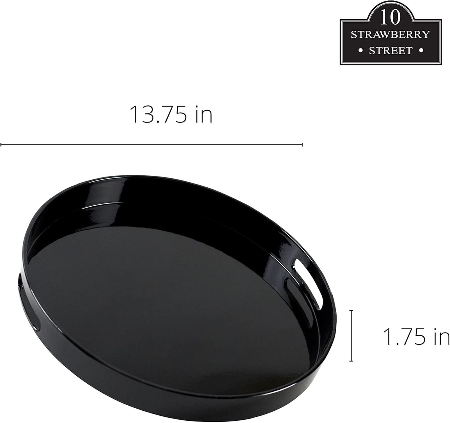 10 Strawberry Street Bandeja redonda de laca de 13.5″ con asas, color negro
