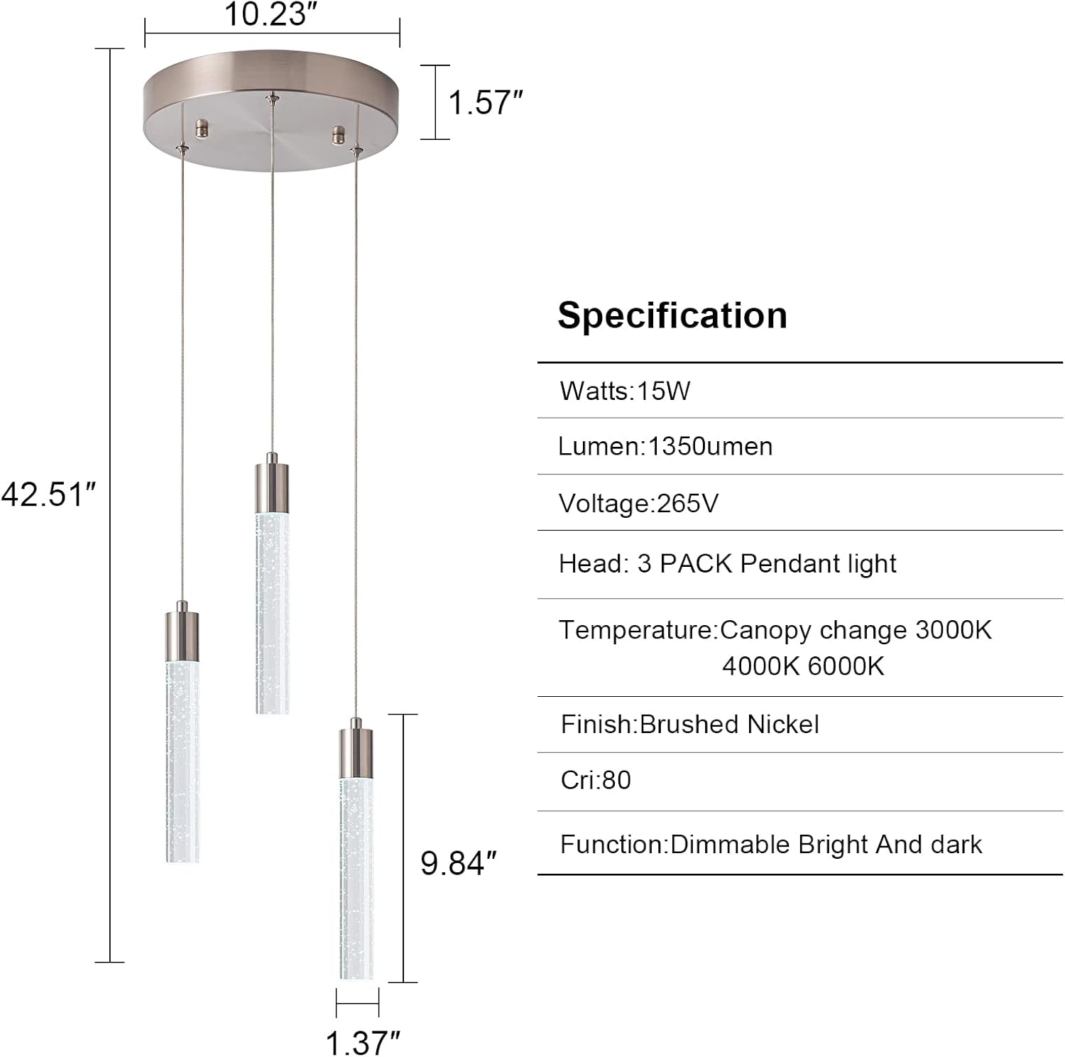 Iluminación colgante de 3 luces para isla de cocina, interruptor de dosel, luz colgante de color chaneagle, 3000K, 4000K, 6000K, iluminación